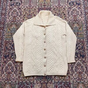 VTG 60s Hand Knit Cream Wool Aran Cable Pocket Cardigan Sweater Collar Tan L USA